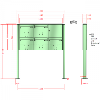 RENZ Quadra 3-seitig, Anlage ohne Installationskasten, Kasten 370x330x100, 5-teilig, mit 2 Fußplatten, 10-0-29625