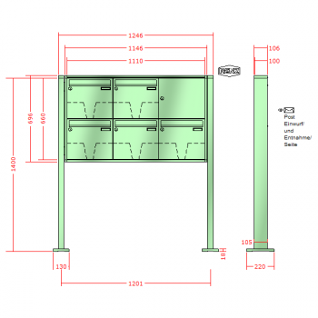 RENZ Quadra 4-seitig, Anlage ohne Installationskasten, Kasten 370x330x100, 5-teilig, mit 2 Fußplatten ,10-0-29664