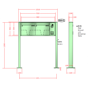 RENZ Quadra 4-seitig, Anlage mit Installationskasten, Kasten 370x330x100, 2-teilig , mit 2 Fußplatten, 10-0-29680