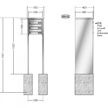 RENZ TETRO-Edelstahl V4A-Ausführung, Anlage ohne Installationskasten, Kasten 300x110x385, 3-teilig, zum Einbetonieren,13-0-10427