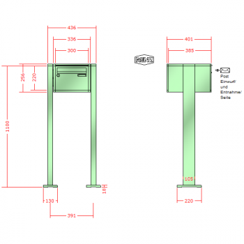 RENZ Quadra, Anlage ohne Installationskasten, Kasten 300x220x385, 1-teilig, mit 2 Fußplatten ,13-0-19020