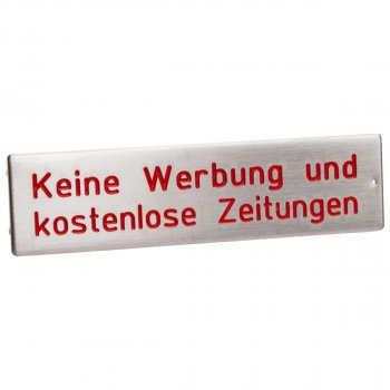 RENZ RSA2 Namensschild, mit Gravur "Keine Werbung und kostenlose Zeitungen!", ALU oder Edelstahl, 97-9-85477, 97-9-85478